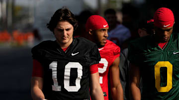 Ohio State Buckeyes quarterback Julian Sayin (10) walks to practice for the Rose Bowl at Dignity Health Sports Park in Carson, Calif. on Dec. 30, 2024.