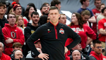 Ohio State Buckeyes head coach Jake Diebler watches the second half at Value City Arena on Thursday, Feb. 20, 2025 in Columbus, Ohio.