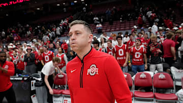 Ohio State Buckeyes head coach Jake Diebler reacts following the second overtime of the NCAA men's basketball game against the Nebraska Cornhuskers at Value City Arena in Columbus on March 4, 2025. Ohio State won 116-114.
