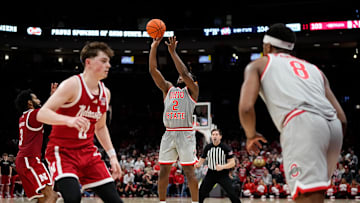 Ohio State Buckeyes guard Bruce Thornton (2) hits a three pointer during the second overtime of the NCAA men's basketball game against the Nebraska Cornhuskers at Value City Arena in Columbus on March 4, 2025. Ohio State won 116-114.