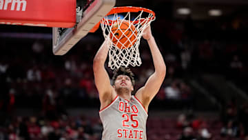 Ohio State Buckeyes center Austin Parks (25) dunks in warm ups prior to the NCAA men's basketball game against the Nebraska Cornhuskers at Value City Arena in Columbus on March 4, 2025.