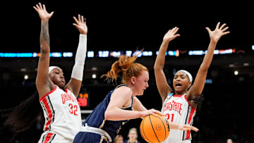 Ohio State Buckeyes forward Cotie McMahon (32) and guard Chance Gray (21) press Montana State Bobcats forward Addison Harris (33) during the first round of the NCAA Women's Basketball Tournament at Value City Arena in Columbus on March 21, 2025.