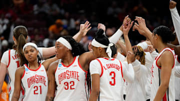 The Ohio State Buckeyes huddle during the second round of the women's NCAA Tournament against the Tennessee Lady Vols at Value City Arena in Columbus on March 23, 2025.