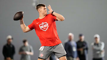 Ohio State Buckeyes quarterback Will Howard throws during the pro day for NFL scouts at the Woody Hayes Athletic Center on March 26, 2025.