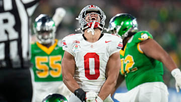 Ohio State Buckeyes linebacker Cody Simon (0) celebrates a sack during the College Football Playoff quarterfinal against the Oregon Ducks at the Rose Bowl in Pasadena, Calif. on Jan. 1, 2025. Ohio State won 41-21.