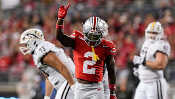 Ohio State safety Caleb Downs celebrates a play against Western Michigan.