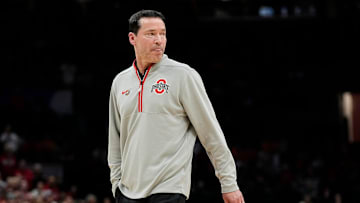 Ohio State Buckeyes head coach Kevin McGuff walks across the court during the second round of the women's NCAA Tournament against the Tennessee Lady Vols at Value City Arena in Columbus on March 23, 2025.