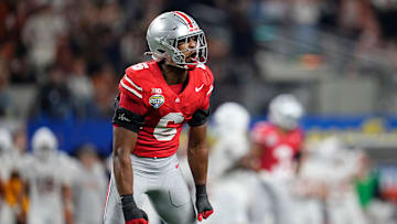 Ohio State Buckeyes safety Sonny Styles (6) celebrates a defensive stop during the first half of the Cotton Bowl Classic College Football Playoff semifinal game against the Texas Longhorns at AT&T Stadium in Arlington, Texas on Jan. 10, 2025.