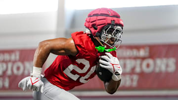 Ohio State Buckeyes running back James Peoples (20) runs during spring football practice at the Woody Hayes Athletic Center in Columbus on March 19, 2025.