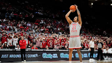 Ohio State Buckeyes forward Devin Royal (21) shoots technical free throws during the second half of the NCAA men's basketball game against the Nebraska Cornhuskers at Value City Arena in Columbus on March 4, 2025. Ohio State won 116-114.