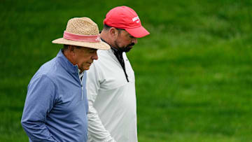 Nick Saban and Ryan Day walk the 14th fairway during the Workday Golden Bear Pro-Am at Muirfield Village Golf Club in Dublin, Ohio on May 28, 2025.