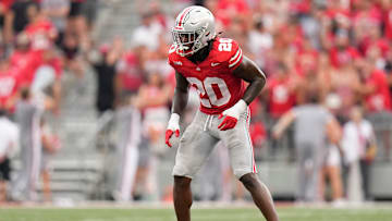 Aug 31, 2024; Columbus, OH, USA; Ohio State Buckeyes linebacker Arvell Reese (20) lines up during the NCAA football game against the Akron Zips at Ohio Stadium. Ohio State won 52-6.