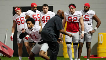 Ohio State Buckeyes defensive line coach Larry Johnson works with players during spring football practice at the Woody Hayes Athletic Center in Columbus on March 19, 2025.