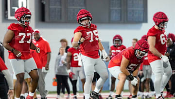 Ohio State Buckeyes offensive lineman Carson Hinzman (75) calls out a play during spring football practice at the Woody Hayes Athletic Center on March 17, 2025.