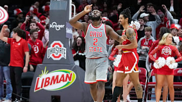 Ohio State Buckeyes guard Bruce Thornton (2) celebrates after defeating Maryland Terrapins 73-70 at Value City Arena on Thursday, Feb. 6, 2025 in Columbus, Ohio.