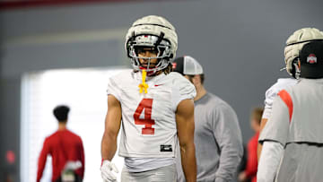 Ohio State Buckeyes cornerback Devin Sanchez (4) lines up during spring football practice at the Woody Hayes Athletic Center in Columbus on March 17, 2025.