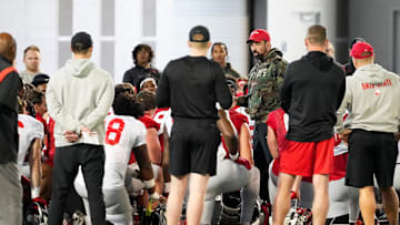 Ohio State Buckeyes head coach Ryan Day talks to his team during spring football practice at the Woody Hayes Athletic Center on March 17, 2025.