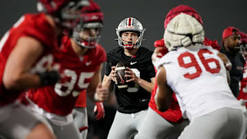 Ohio State Buckeyes quarterback Julian Sayin (10) takes a snap during spring football practice at the Woody Hayes Athletic Center in Columbus on March 19, 2025.