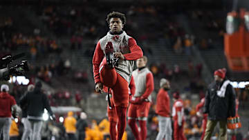 Dec 21, 2024; Columbus, Ohio, USA; Ohio State Buckeyes safety Caleb Downs (2) warms up prior to a College Football Playoff first round game against the Tennessee Volunteers at Ohio Stadium. Mandatory Credit: Adam Cairns-Imagn Images