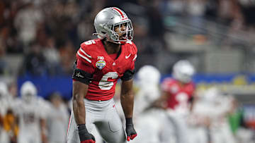 Ohio State Buckeyes safety Sonny Styles (6) celebrates a defensive stop during the first half of the Cotton Bowl Classic College Football Playoff semifinal game against the Texas Longhorns at AT&T Stadium in Arlington, Texas on Jan. 10, 2025.