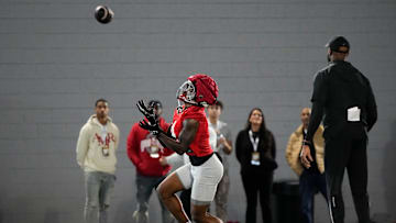 Ohio State Buckeyes wide receiver Jeremiah Smith (4) catches a ball during spring football practice at the Woody Hayes Athletic Center on March 17, 2025.