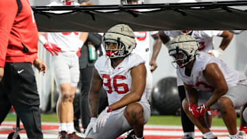 Ohio State Buckeyes defensive end Eddrick Houston (96) works out during spring football practice at the Woody Hayes Athletic Center on March 17, 2025.