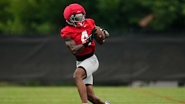Ohio State Buckeyes wide receiver Jeremiah Smith (4) catches a pass during the first football practice of the season at the Woody Hayes Athletic Center on July 31, 2025.
