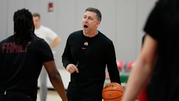 Ohio State Buckeyes head coach Jake Diebler yells at his team during offseason practice at the Schottenstein Center on June 18, 2025.