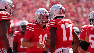 Ohio State Buckeyes wide receiver Carnell Tate (17) celebrates a touchdown catch with quarterback Julian Sayin (10) during the second half of the NCAA football game against the Texas Longhorns at Ohio Stadium on Aug. 30, 2025. Ohio State won 14-7.