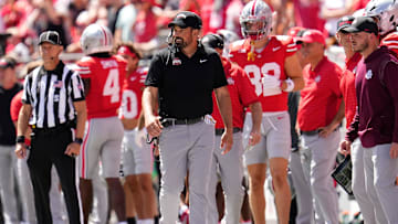 Ohio State Buckeyes head coach Ryan Day watches from the sideline during the NCAA football game against the Texas Longhorns at Ohio Stadium on Aug. 30, 2025.