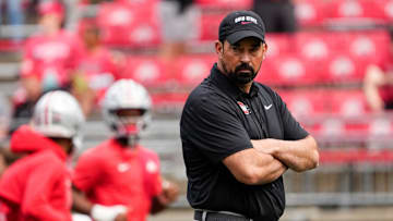 Ohio State Buckeyes head coach Ryan Day watches warm ups prior to the NCAA football game against the Grambling State Tigers at Ohio Stadium on Sept. 6, 2025.