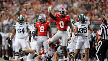 Ohio State Buckeyes linebacker Sonny Styles (0) reacts to a tackle during the first half of the NCAA football game against the Ohio Bobcats at Ohio Stadium on Sept. 13, 2025.