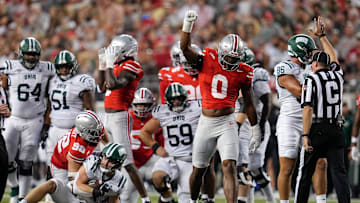 Ohio State Buckeyes linebacker Sonny Styles (0) reacts to a tackle during the first half of the NCAA football game against the Ohio Bobcats at Ohio Stadium on Sept. 13, 2025.