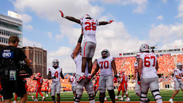 Ohio State Buckeyes running back Bo Jackson (25) celebrates a touchdown during the first half of the NCAA football game against the Illinois Fighting Illini at Gies Memorial Stadium in Champaign on Oct. 11, 2025.