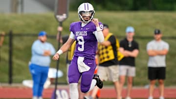 St. Francis DeSales quarterback RJ Day (9) celebrates a completion during Week 1 of high school football against Olentangy Berlin at DeSales High School on Aug. 22, 2025.