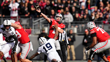 Ohio State Buckeyes quarterback Julian Sayin (10) throws a long touchdown pass to Carnell Tate during the NCAA football game against the Penn State Nittany Lions at Ohio Stadium in Columbus on Nov. 1, 2025.