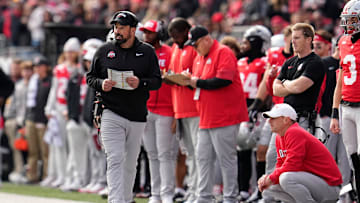 Ohio State Buckeyes head coach Ryan Day watches during the NCAA football game against the Penn State Nittany Lions at Ohio Stadium in Columbus on Nov. 1, 2025.