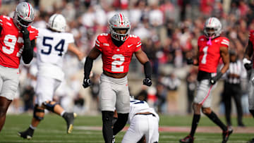 Ohio State Buckeyes defensive back Caleb Downs (2) celebrates during the NCAA football game against the Penn State Nittany Lions at Ohio Stadium in Columbus on Nov. 1, 2025.
