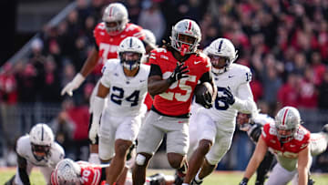 Ohio State Buckeyes running back Bo Jackson (25) runs during the NCAA football game against the Penn State Nittany Lions at Ohio Stadium in Columbus on Nov. 1, 2025.