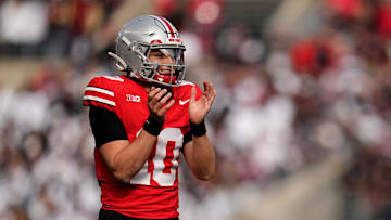 Ohio State Buckeyes quarterback Julian Sayin (10) celebrates during the NCAA football game against the Penn State Nittany Lions at Ohio Stadium in Columbus on Nov. 1, 2025.