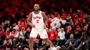 Ohio State Buckeyes guard Bruce Thornton (2) celebrates a three pointer during the men's NCAA basketball game against the Notre Dame Fighting Irish at Value City Arena in Columbus on Nov. 16, 2025. Ohio State won 64-63.