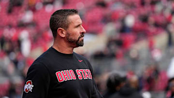 Ohio State Buckeyes offensive coordinator Brian Hartline leads warm ups prior to the NCAA football game against the Penn State Nittany Lions at Ohio Stadium in Columbus on Nov. 1, 2025.