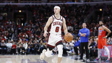 Jan 13, 2023; Chicago, Illinois, USA; Chicago Bulls guard Alex Caruso (6) brings the ball up court against the Oklahoma City Thunder during the first half at United Center. Mandatory Credit: Kamil Krzaczynski-USA TODAY Sports