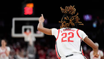 Ohio State Buckeyes guard Jaloni Cambridge (22) reacts to making a shot during the second half of the NCAA women's basketball game against the Maryland Terrapins at Value City Arena on Jan. 23, 2025. Ohio State won 74-66.