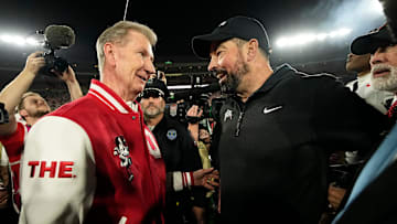 Ohio State president Ted Carter congratulates head coach Ryan Day following the 41-21 win over the Oregon Ducks in the College Football Playoff quarterfinal at the Rose Bowl in Pasadena, Calif. on Jan. 1, 2025.