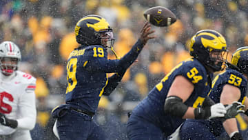 Michigan Wolverines quarterback Bryce Underwood (19) throws during the NCAA football game against the Ohio State Buckeyes at Michigan Stadium in Ann Arbor, Mich. on Nov. 29, 2025. Ohio State won 27-9.