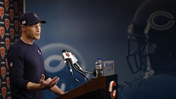 Jun 3, 2025; Lake Forest, IL, USA; Chicago Bears head coach Ben Johnson speaks during minicamp at Halas Hall. Mandatory Credit: Kamil Krzaczynski-Imagn Images
