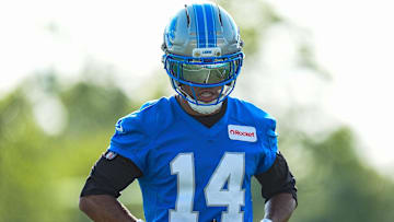 Detroit Lions wide receiver Amon-Ra St. Brown (14) practices during training camp at Meijer Performance Center in Allen Park on Monday, July 21, 2025.