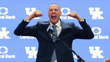 Former Kentucky basketball player and new head coach Mark Pope was animated during his announcement at Rupp Arena in Lexington Ky. on April 14, 2024.