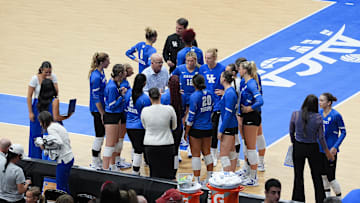 Action during the Kentucky versus Nebraska volleyball match at the AVCA First Serve Showcase at the KFC Yum! Center in Louisville, Ky. on Aug. 27, 2024
